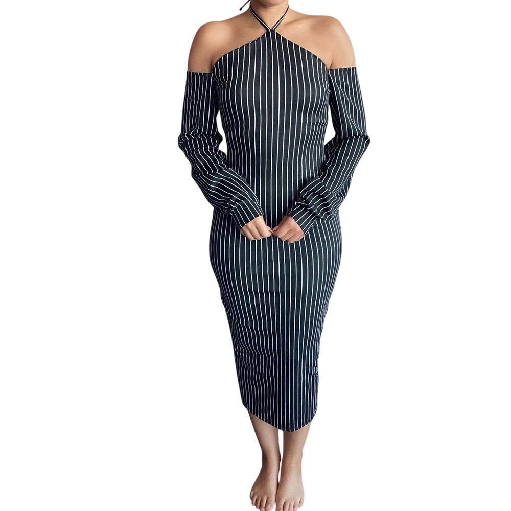 Black & White Pinstripe Off-Shoulder Halter Midi Dress